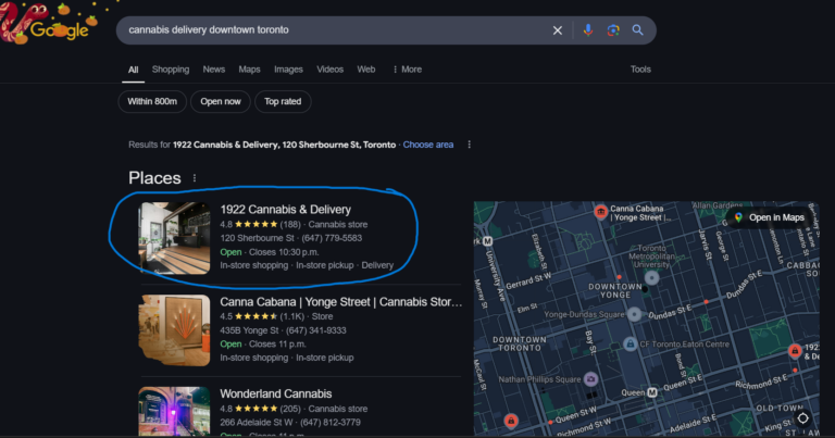 1922 Cannabis shown first in Google Places for cannabis delivery downtown toronto in a September 2025 screenshot
