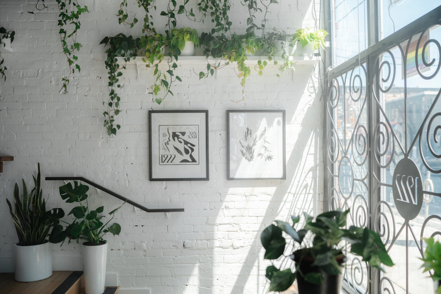 1922 artwork and greenery beside the store windows