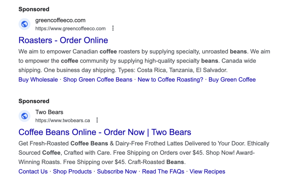 Paid ads on Google triggered by the "coffee bean" search result.