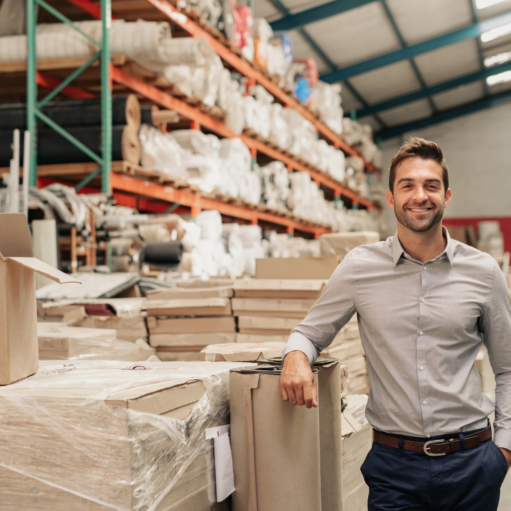 Ecommerce business owner in a warehouse, showcasing organized inventory indicative of a high inventory turnover rate, essential for a thriving online retail operation.
