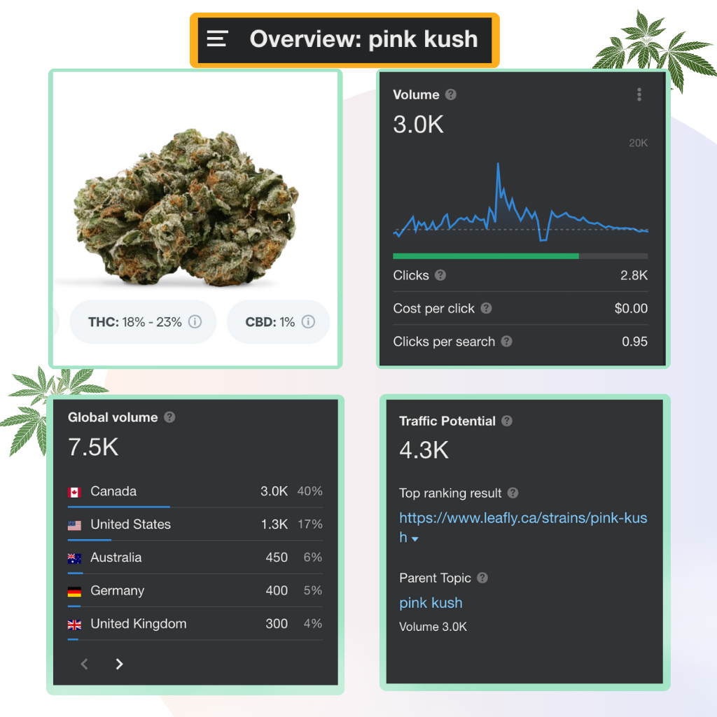 Ahrefs.com keyword search volume traffic for "Pink Kush"