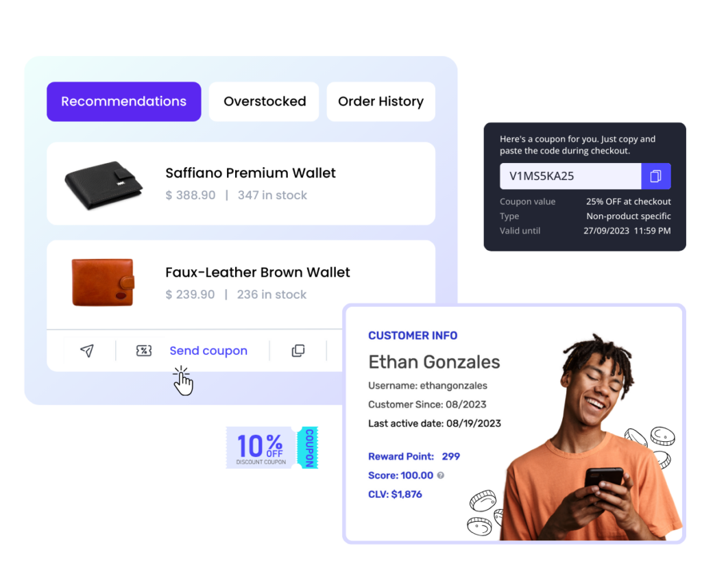 Screenshot of a Chatso's live chat support interface with product recommendations and customer information. It shows overstocked items like wallets, a discount coupon code for checkout, and a customer profile, detailing his username, loyalty points, and customer lifetime value, alongside an image of the customer happily using his phone.